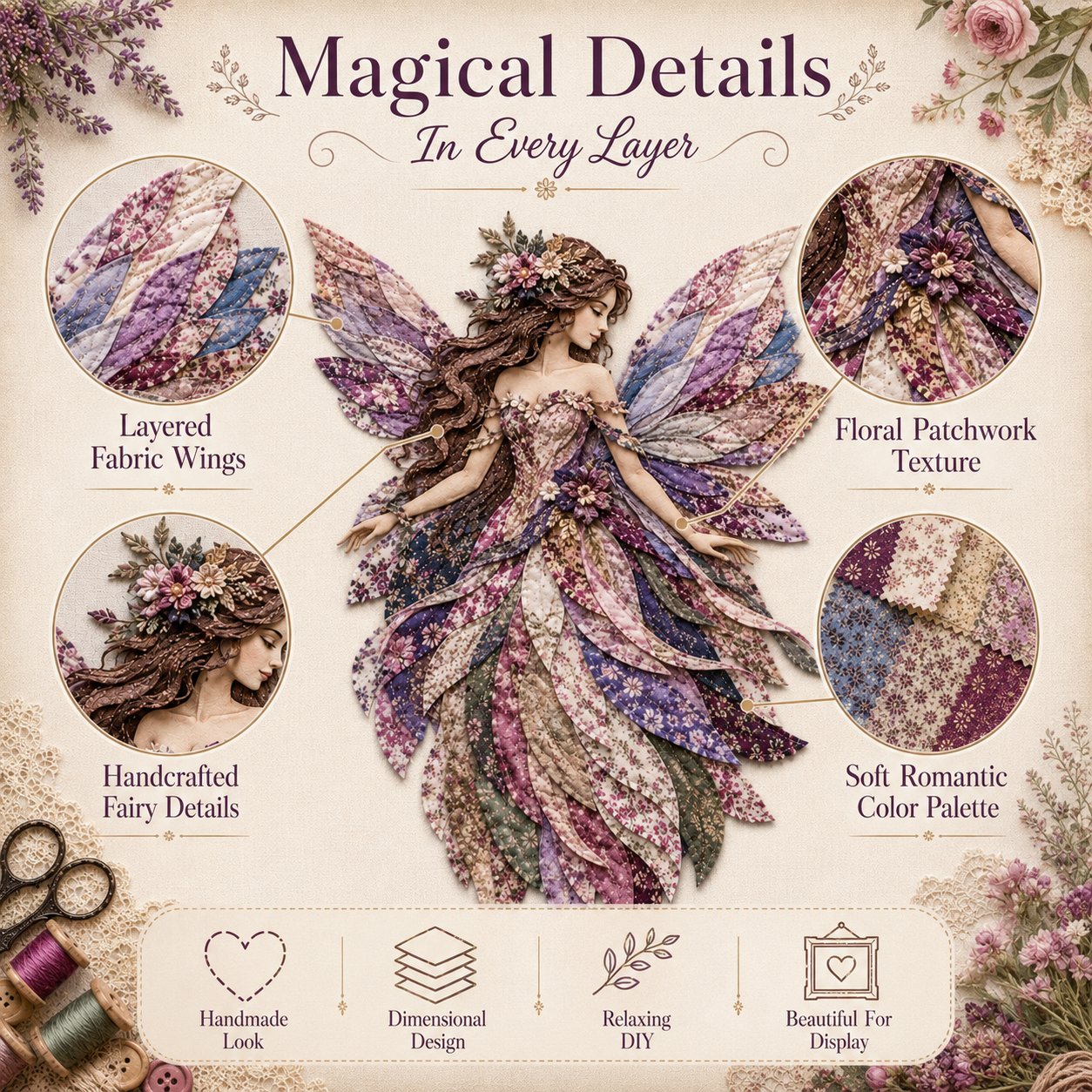 🧚‍♀️🌸 Premium Fairy Patchwork DIY Kit | High-Quality Layered Fabric with Floral Wings DIY Handmade Fantasy Wall Decor ✨
