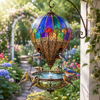 🐦 Stained Glass Hot Air Balloon Bird Feeder Fountain🌈