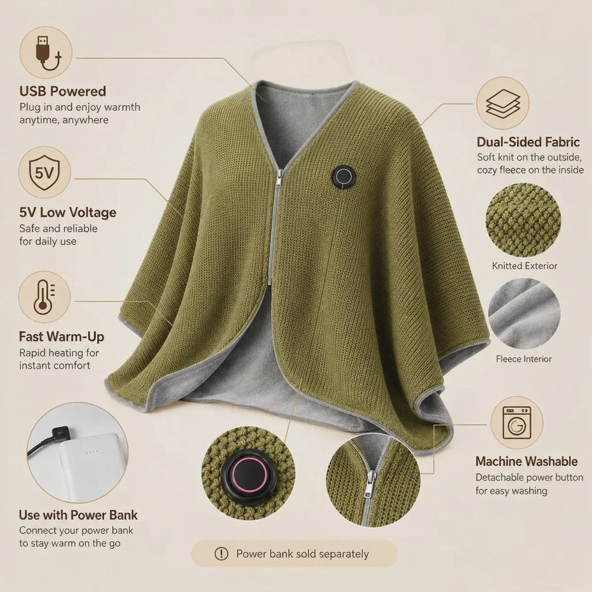 Wearable Heated Shawl 3 Heat Levels Portable Thermal Wrap