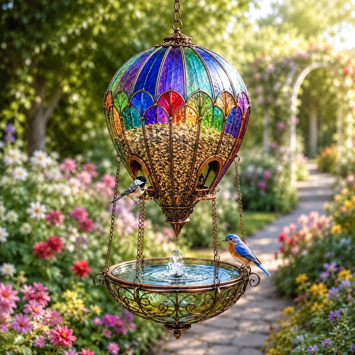 🔥😍🌈 Stained Glass Hot Air Balloon Bird Feeder Fountain🐦