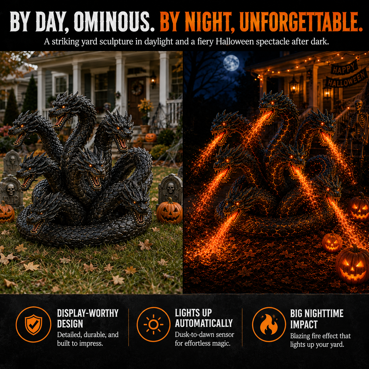 🎃 Fire-Breathing Orochi Solar Garden Light – Epic Multi-Headed Dragon Halloween Decor