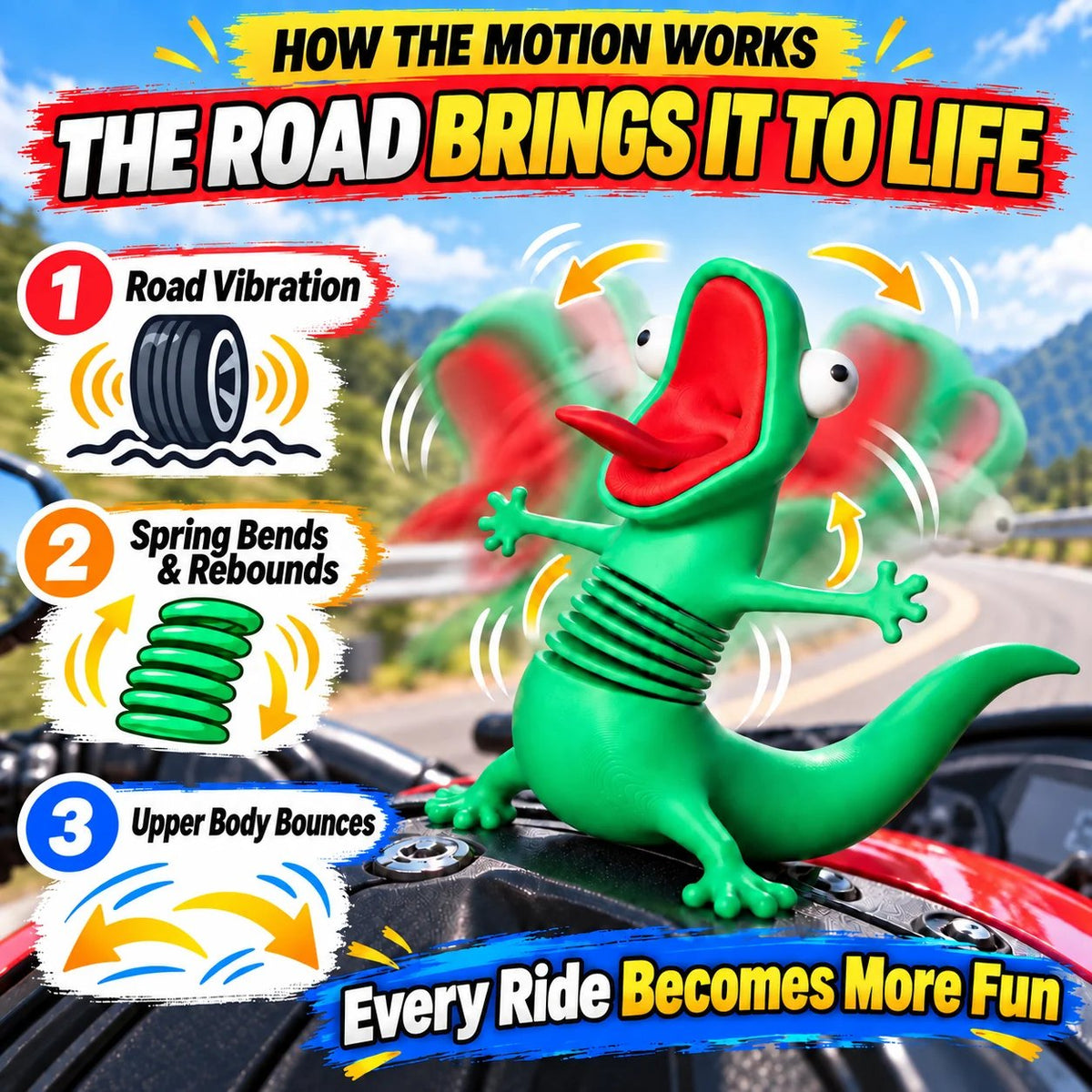 🏍️ Wobbling Spring Lizard Motorcycle Ornament – Funny Road-Vibration Rider Buddy