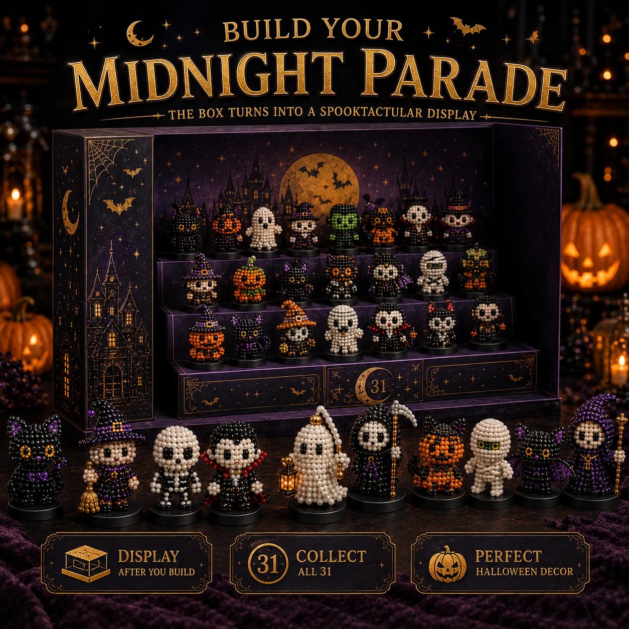 🎉🎃 Hollowmoon 31-Night Jewel-Bead Countdown Calendar| 31 Daily DIY Characters, Complete Craft Supplies & Midnight Parade Display 💎✨