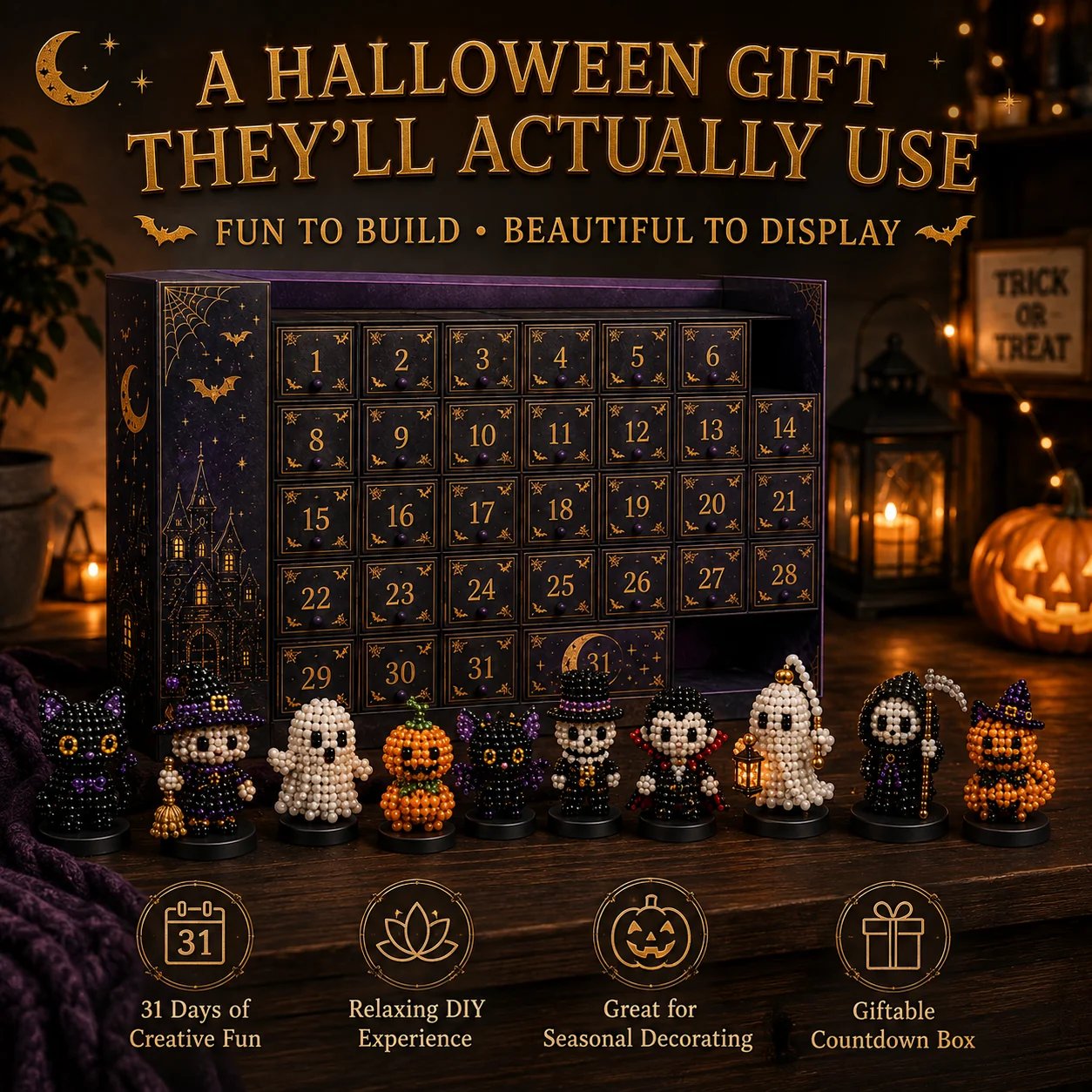 🎉🎃 Hollowmoon 31-Night Jewel-Bead Countdown Calendar| 31 Daily DIY Characters, Complete Craft Supplies & Midnight Parade Display 💎✨