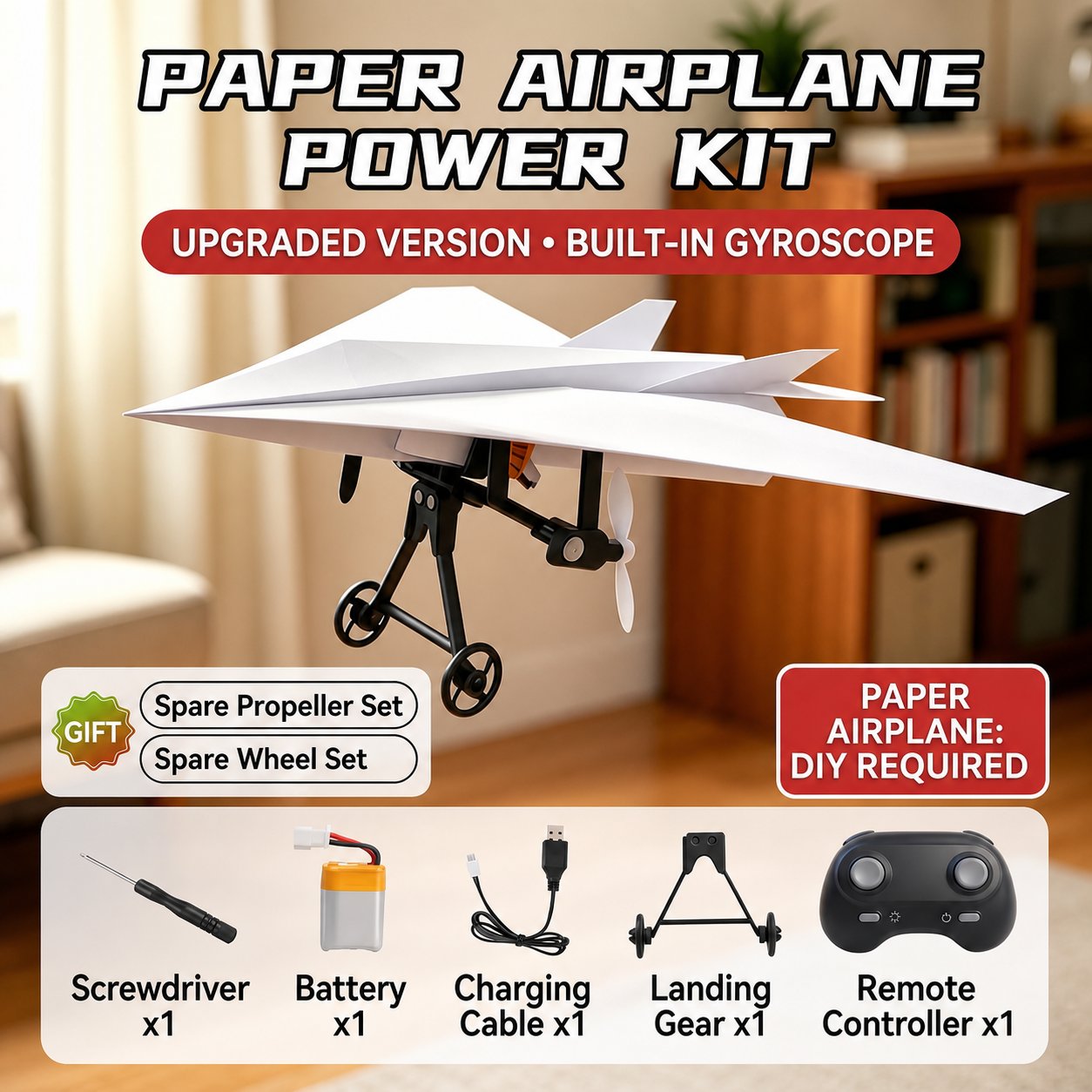 DIY RC Paper Airplane Power Kit with Gyro-Stabilized Remote Control
