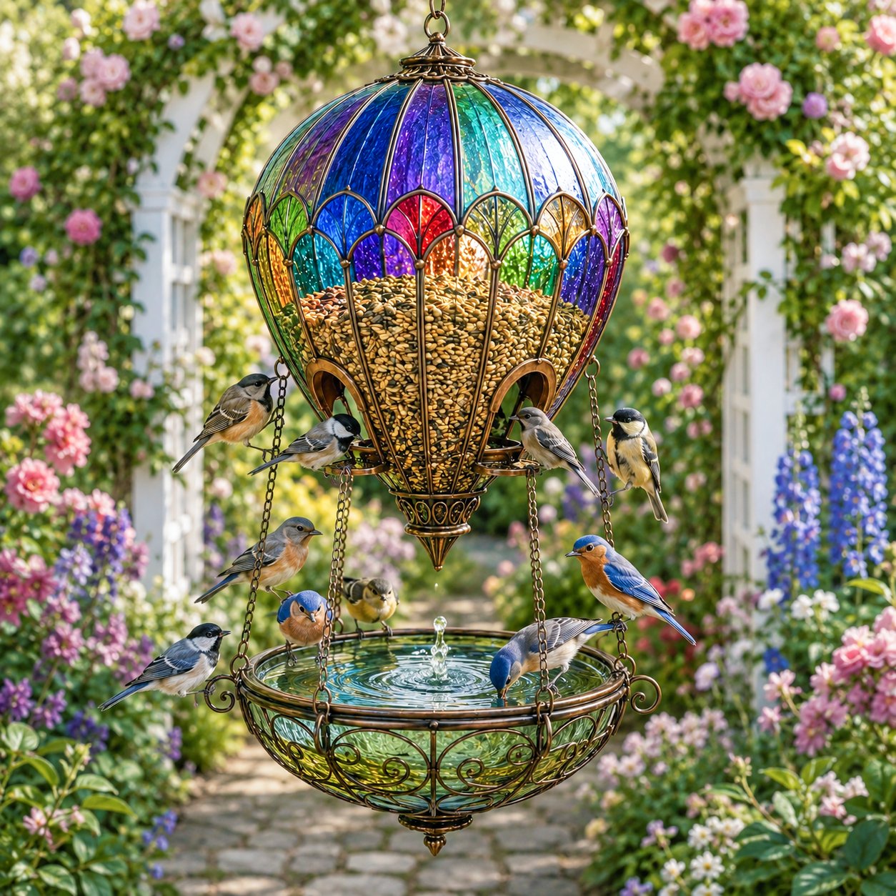 🐦 Stained Glass Hot Air Balloon Bird Feeder Fountain🌈