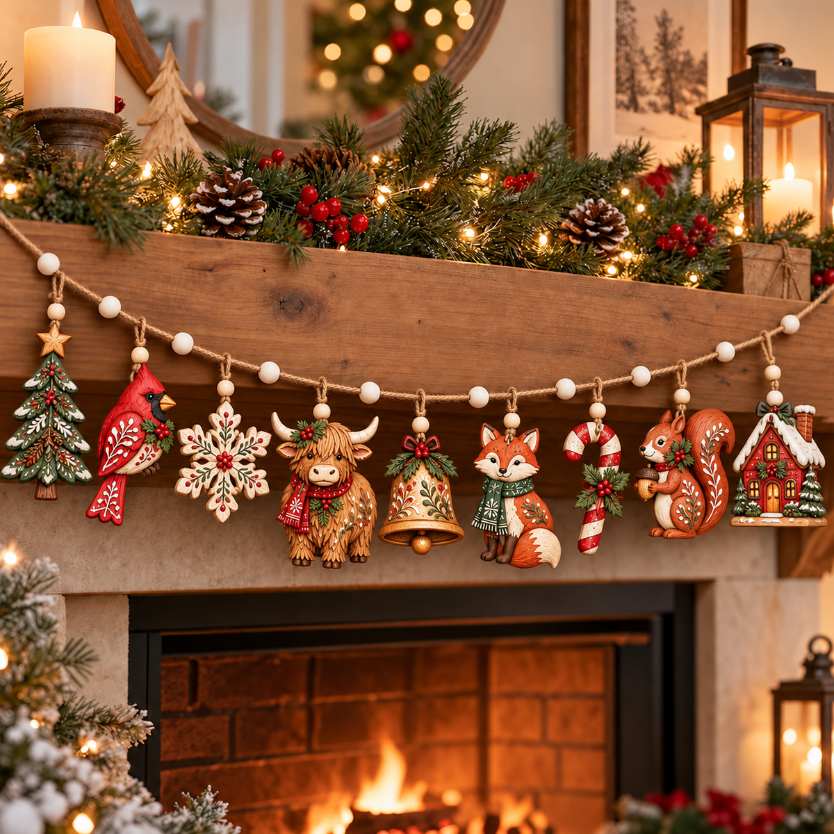 Enchanted Woodland Christmas Garland – Rustic Wooden Highland Cow & Forest Animal Hanging Decorations