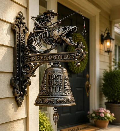 🎣 Metal Skeleton Fisherman Wall Bell – “This Is My Happy Place” Outdoor Décor