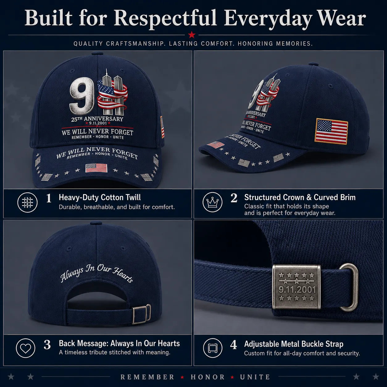 ⚡️9/11 25th Anniversary We Will Never Forget Embroidered Memorial Baseball Cap – Unisex Patriotic Memorial Hat🧢 100% Cotton