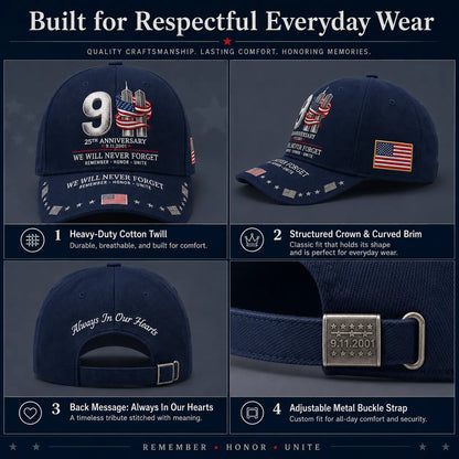 ⚡️9/11 25th Anniversary We Will Never Forget Embroidered Memorial Baseball Cap – Unisex Patriotic Memorial Hat🧢 100% Cotton