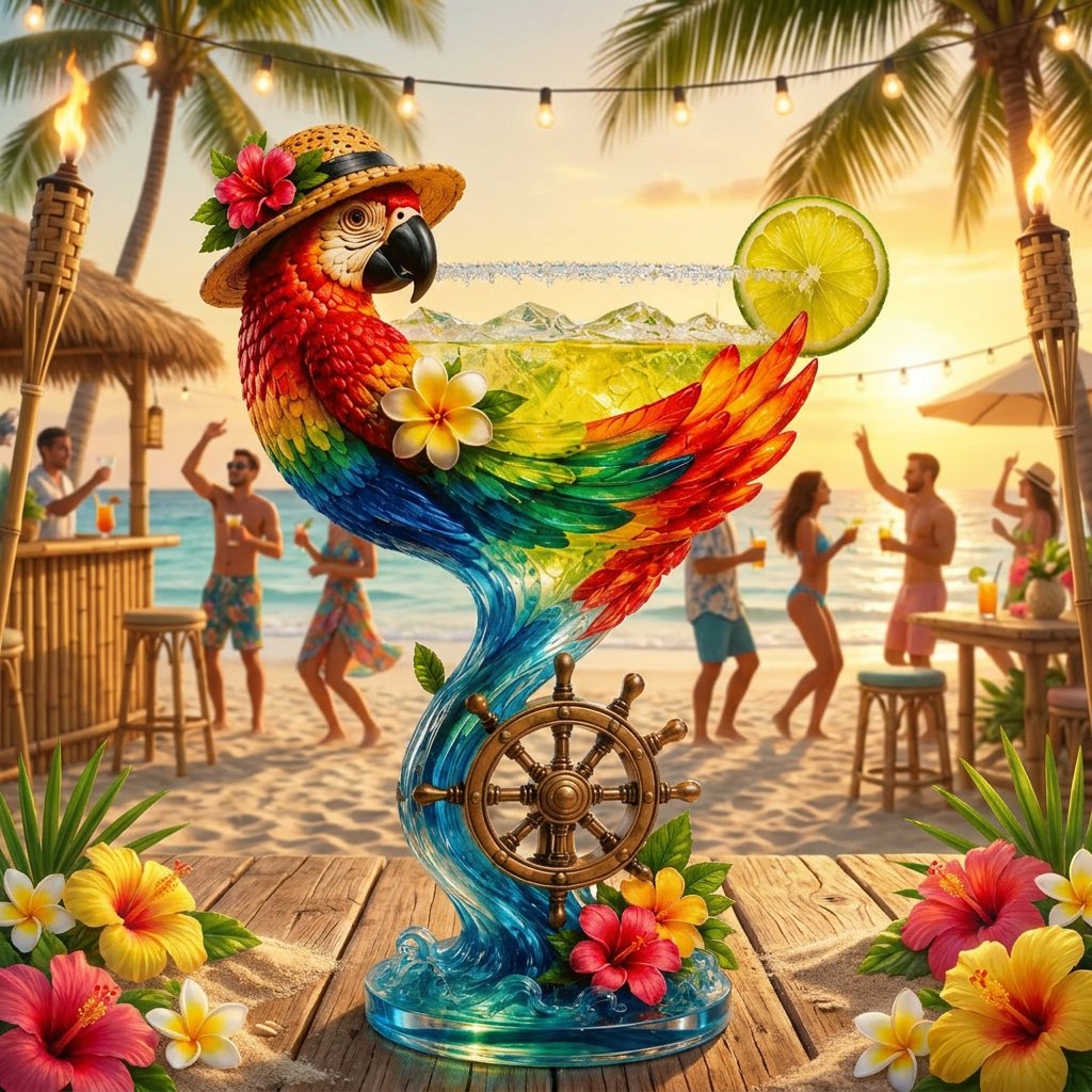 🦜Parrot Paradise Margarita Glass🐢 Tropical Coastal Collector Cocktail Goblet