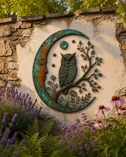 ⏰ LAST DAY  - Handcrafted Metal Crescent Moon Owl Wall Art 🌙🦉 A Timeless Garden Accent Inspired by Nature