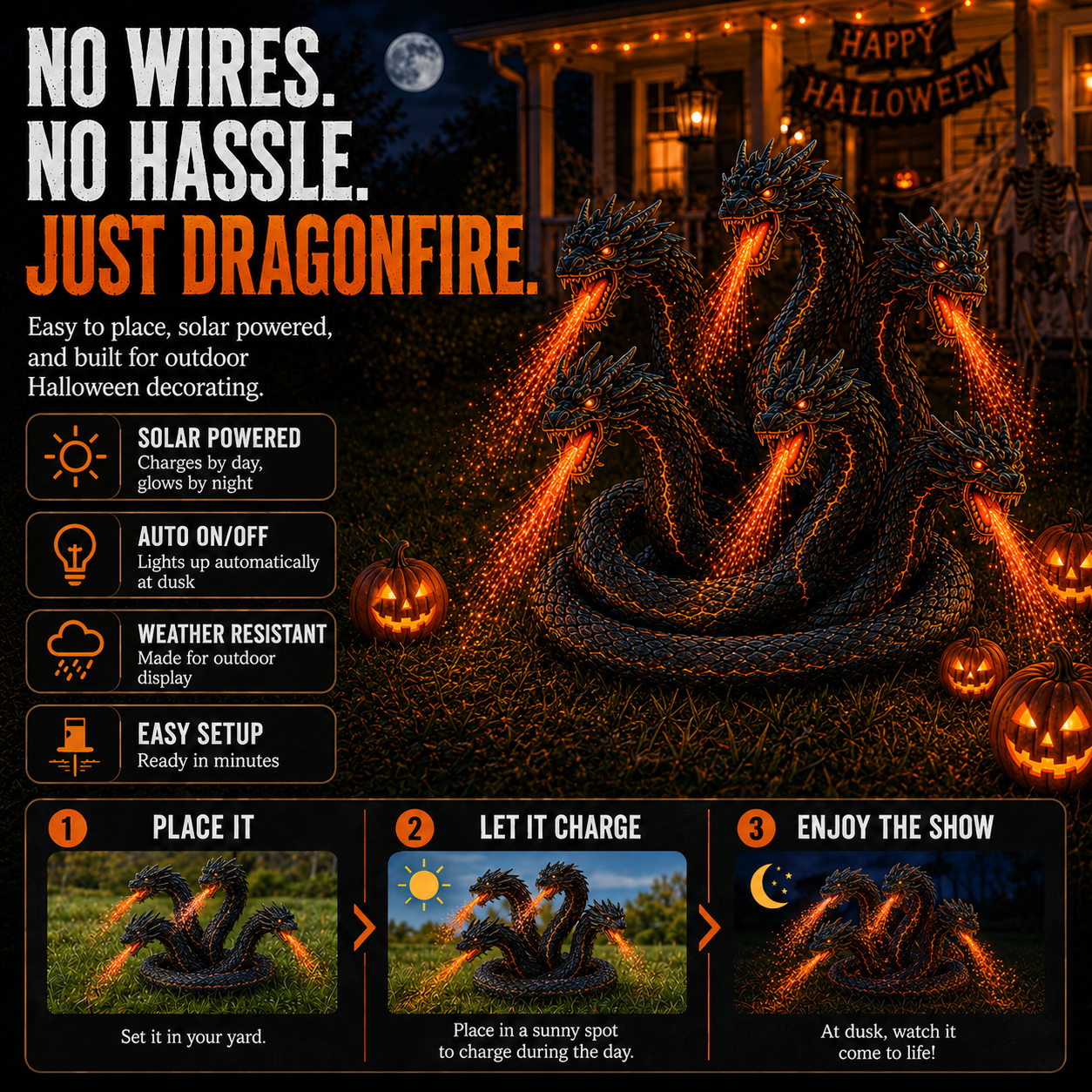 🎃 Fire-Breathing Orochi Solar Garden Light – Epic Multi-Headed Dragon Halloween Decor