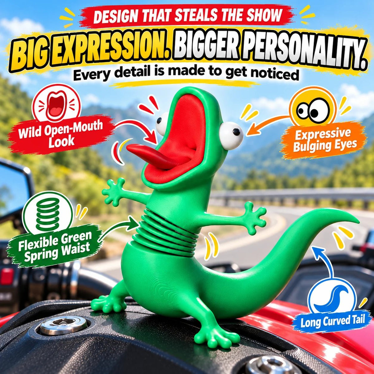 🏍️ Wobbling Spring Lizard Motorcycle Ornament – Funny Road-Vibration Rider Buddy