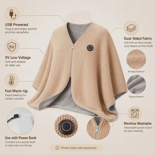 Wearable Heated Shawl 3 Heat Levels Portable Thermal Wrap
