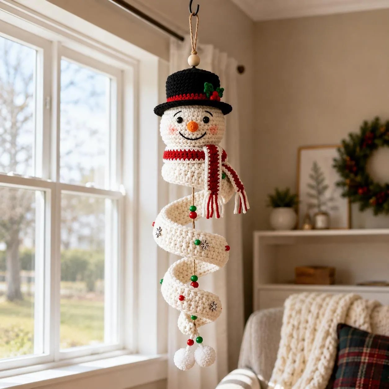 ☃️ Crochet Snowman Spiral Ornament DIY Kit | Complete Beginner-Friendly Set with Soft Yarn, Crochet Hook, Festive Beads, Snowflakes & Step-by-Step Guide 🧶🎄✨