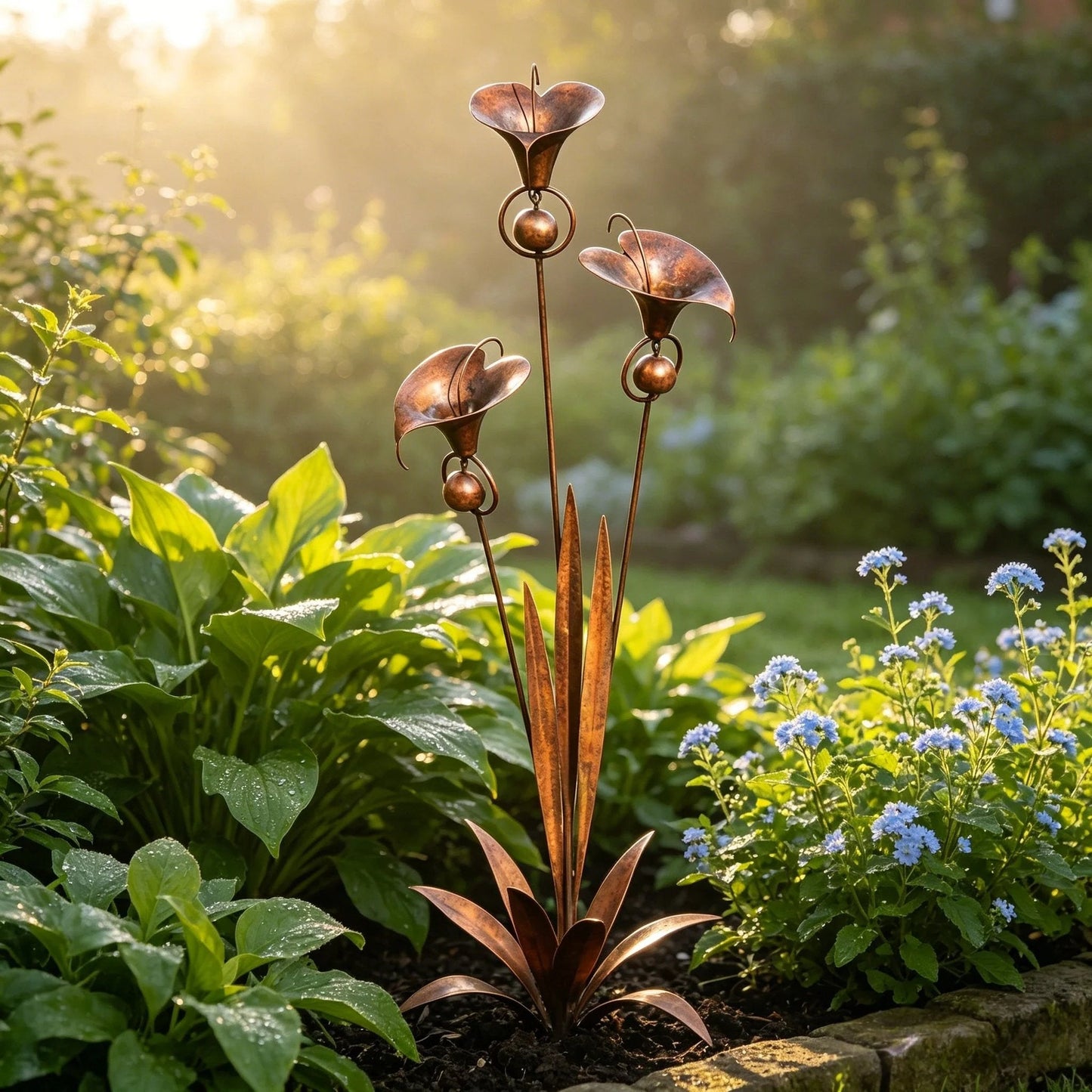 🌿Flamed Copper Three Calla Lilies Garden Stake with Bells