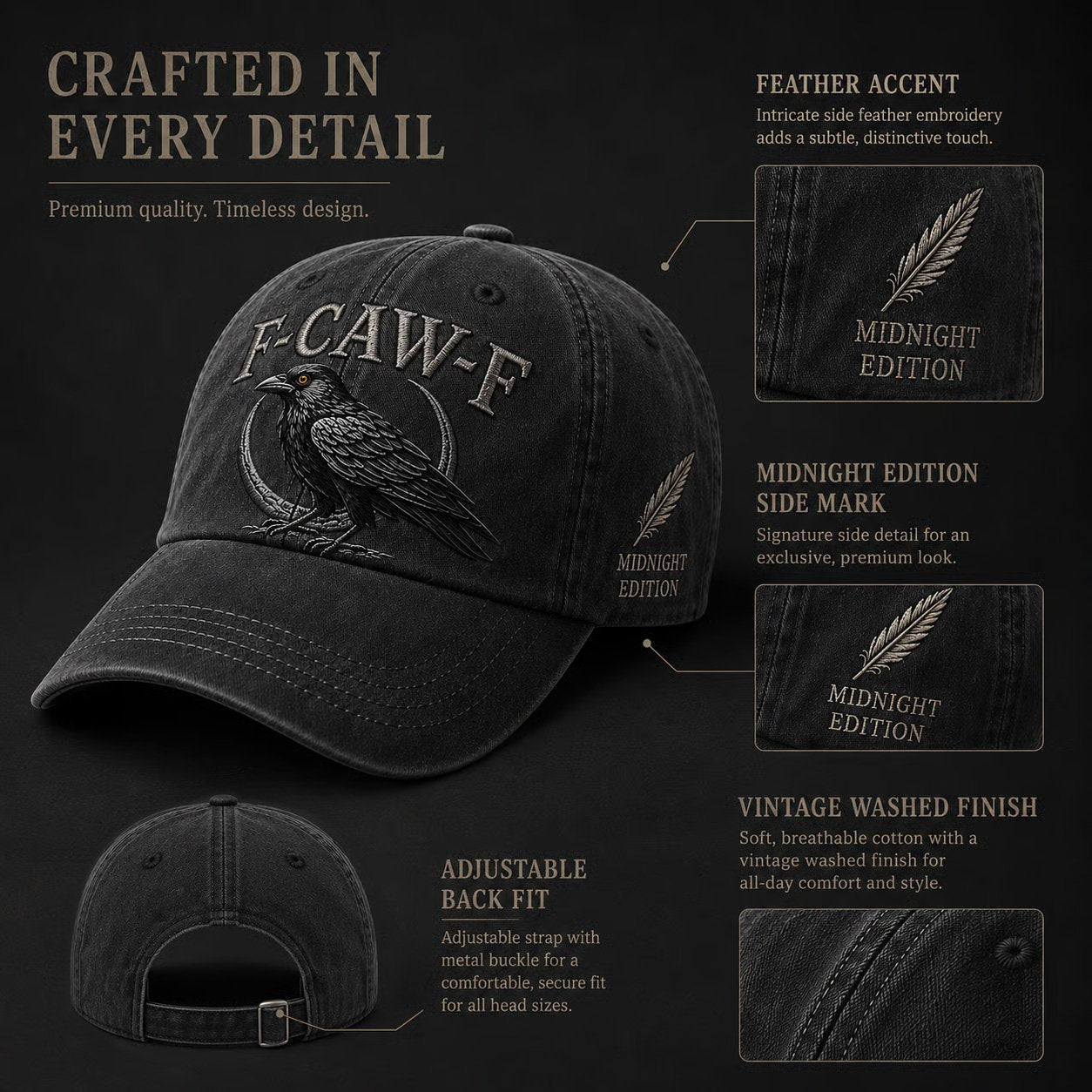F-CAW-F Midnight Edition Raven Cap – Vintage Washed Embroidered Crow Hat