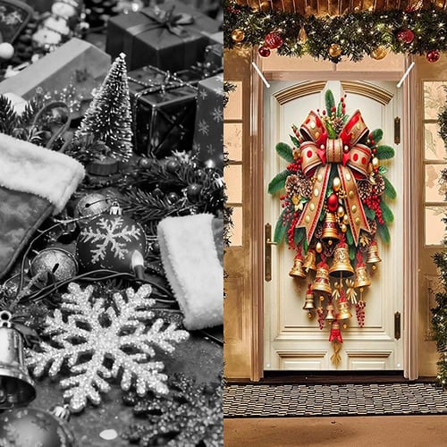 🎄 Giant Christmas Bow & Bells Door Decoration – Make Your Front Door the Star of Christmas (2D) ✨