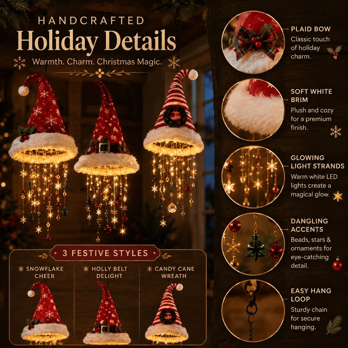 🎅 Lighted Santa Hat Hanging Chandelier 🎄 | 3 Styles Warm LED Christmas String Light | Indoor Outdoor Porch Holiday Decor Gift
