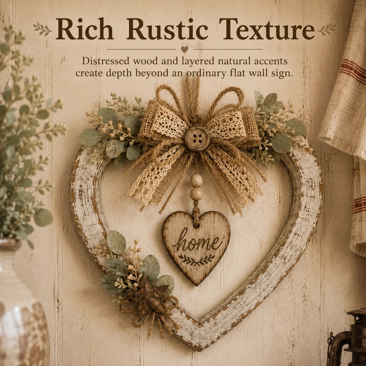 🔥HOT SALE🔥🤎Rustic Farmhouse Heart Wall Decor with “Home” Sign