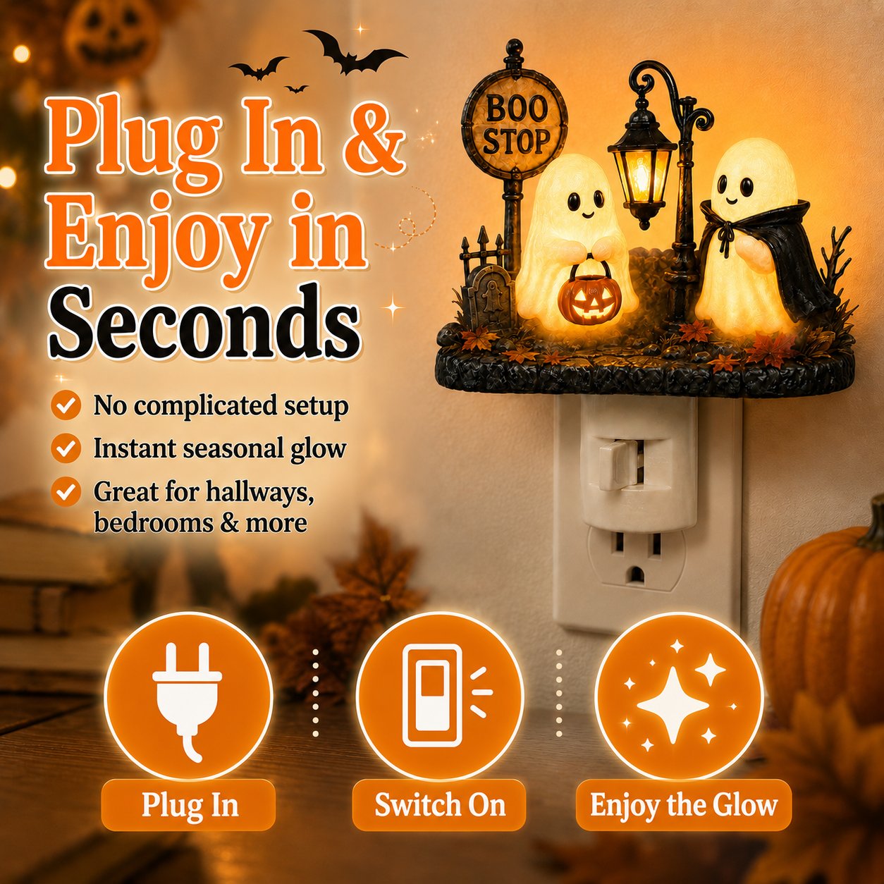 🎉👻🎃 Boo Stop Ghosts Plug-In Halloween Night Light
