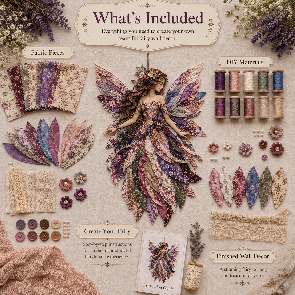 🧚‍♀️🌸 Premium Fairy Patchwork DIY Kit | High-Quality Layered Fabric with Floral Wings DIY Handmade Fantasy Wall Decor ✨