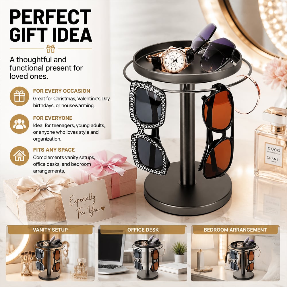 🕶️✨360° Rotating Sunglasses Organizer Stand — Eyewear Rack with Tray