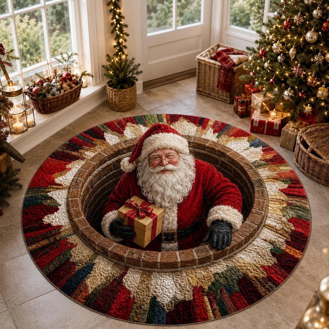 3D Santa Christmas illusion rug Chimney Santa design round patchwork
