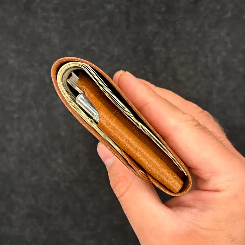 Slim Leather Wallet with Pen Slot – Handcrafted Full-Grain EDC Wallet
