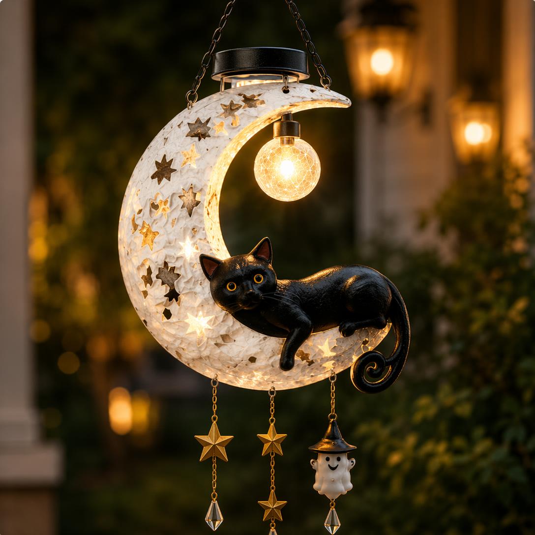 Black cat moon solar lantern glowing on a porch