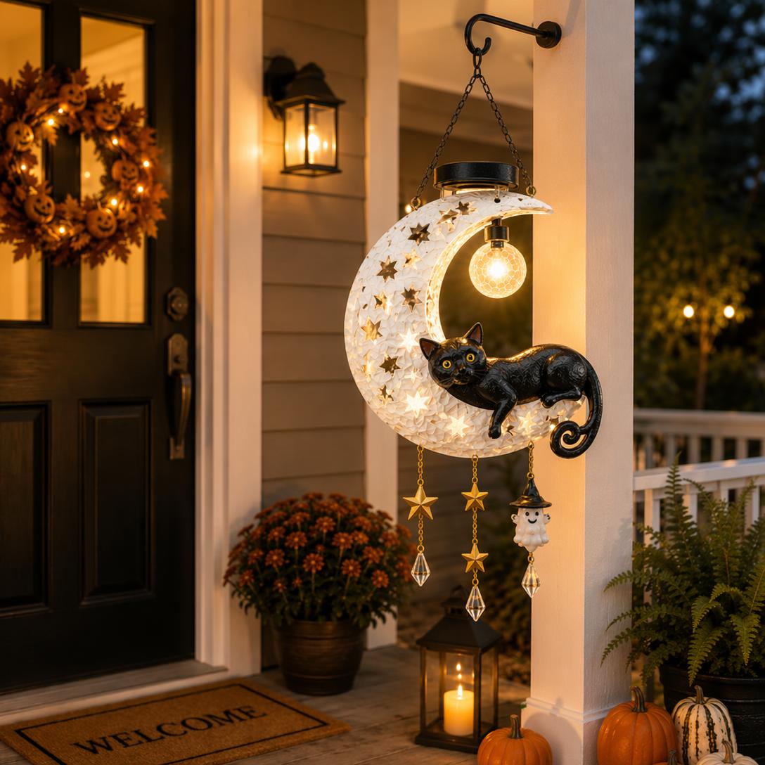 Black cat crescent moon lantern glowing at night