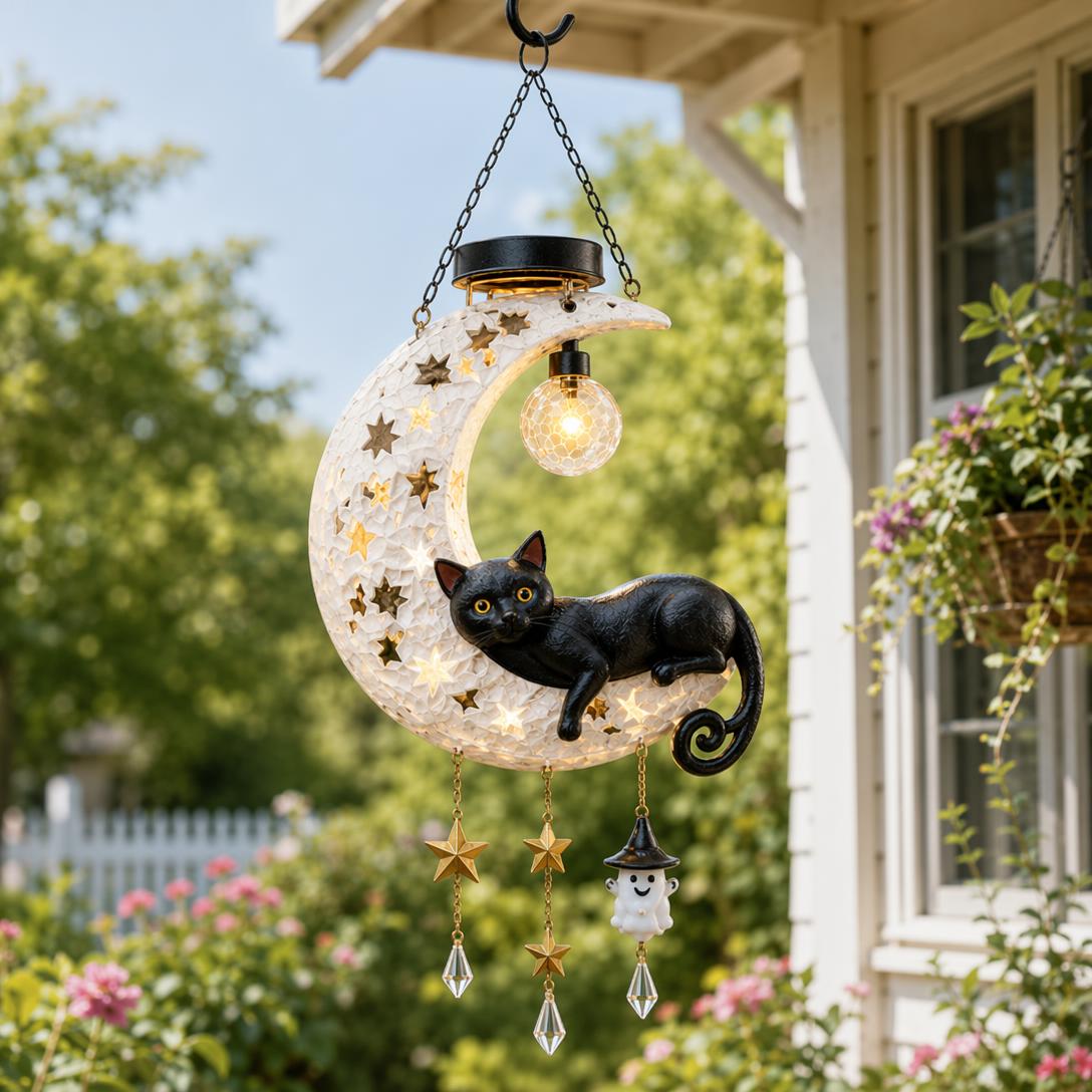 Black cat crescent moon lantern displayed during the day