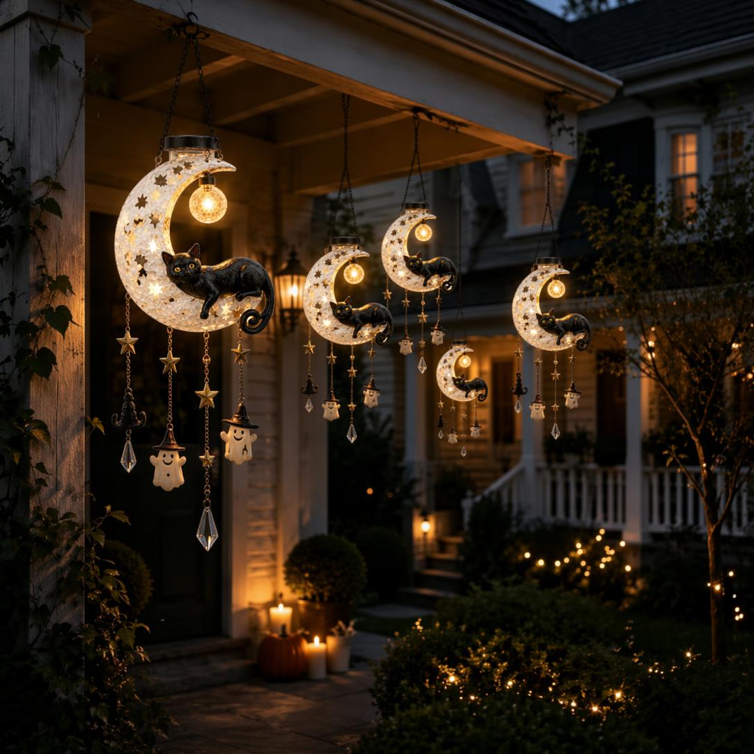 Several black cat moon solar lanterns decorating a porch
