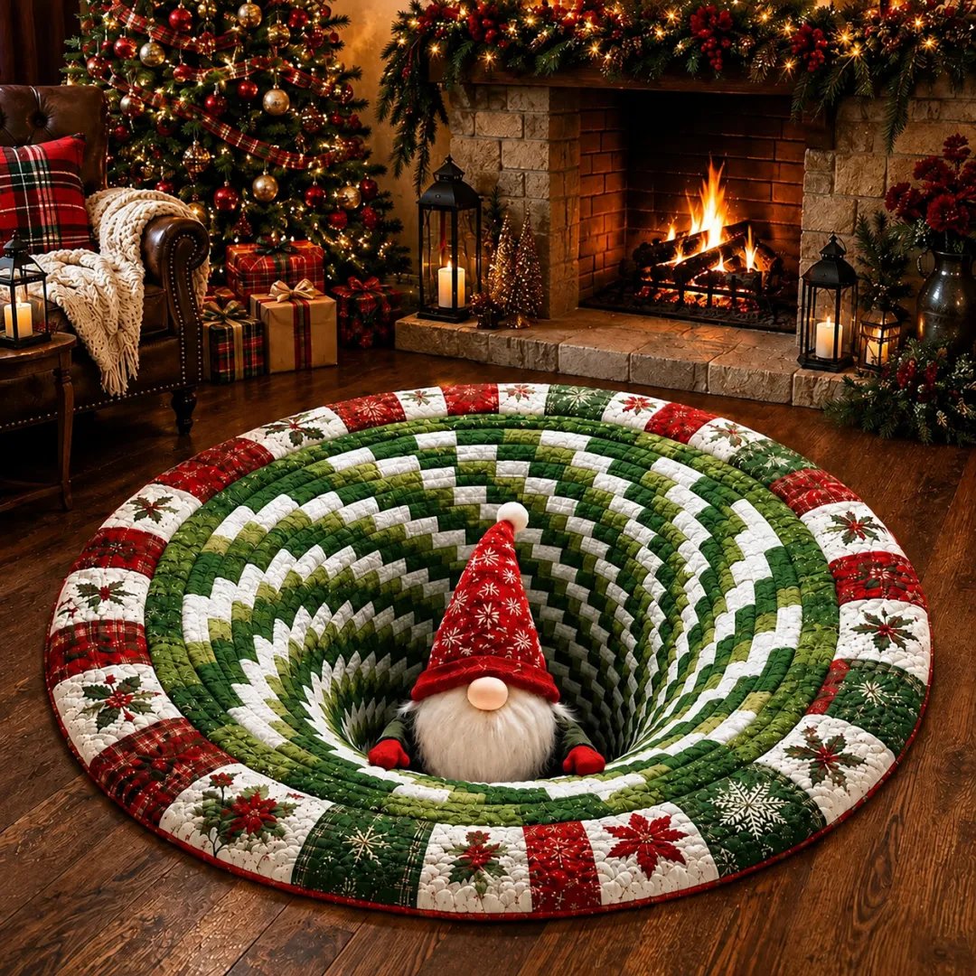 3D Christmas illusion rug Peekaboo Gnome spiral tunnel design