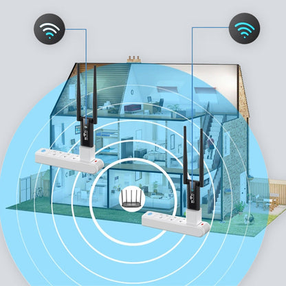 Illustration of USB Wi-Fi repeaters extending an existing router's coverage inside a home.