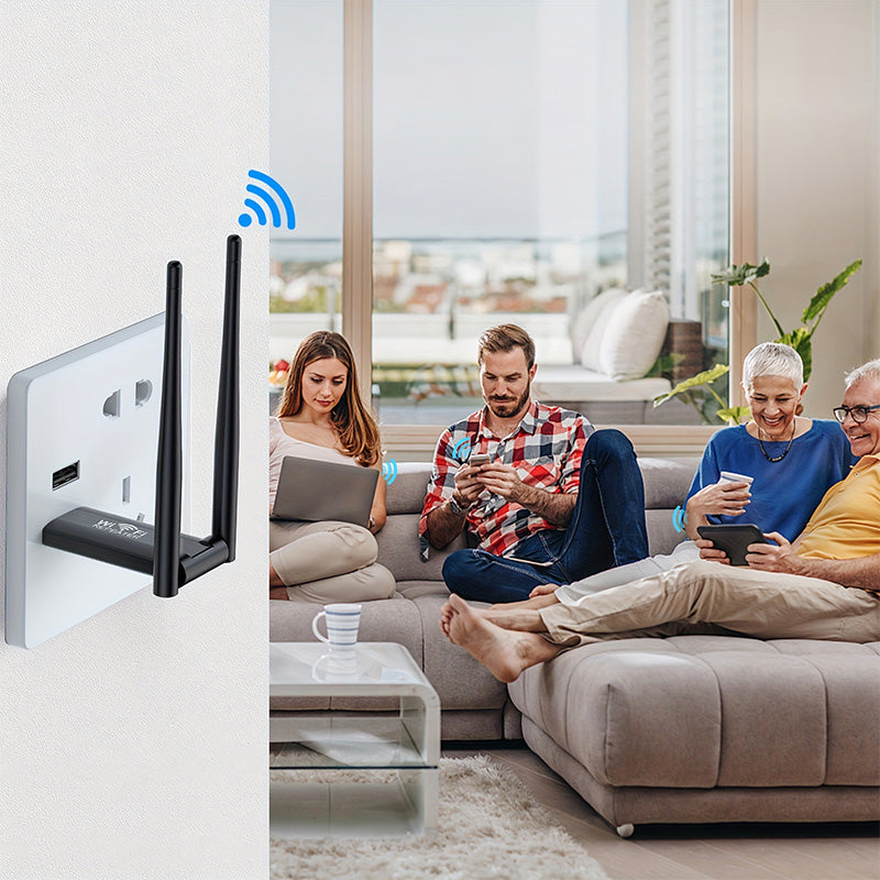 Dual-antenna USB Wi-Fi signal booster shown in a living room with people using wireless devices.