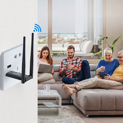 Dual-antenna USB Wi-Fi signal booster shown in a living room with people using wireless devices.