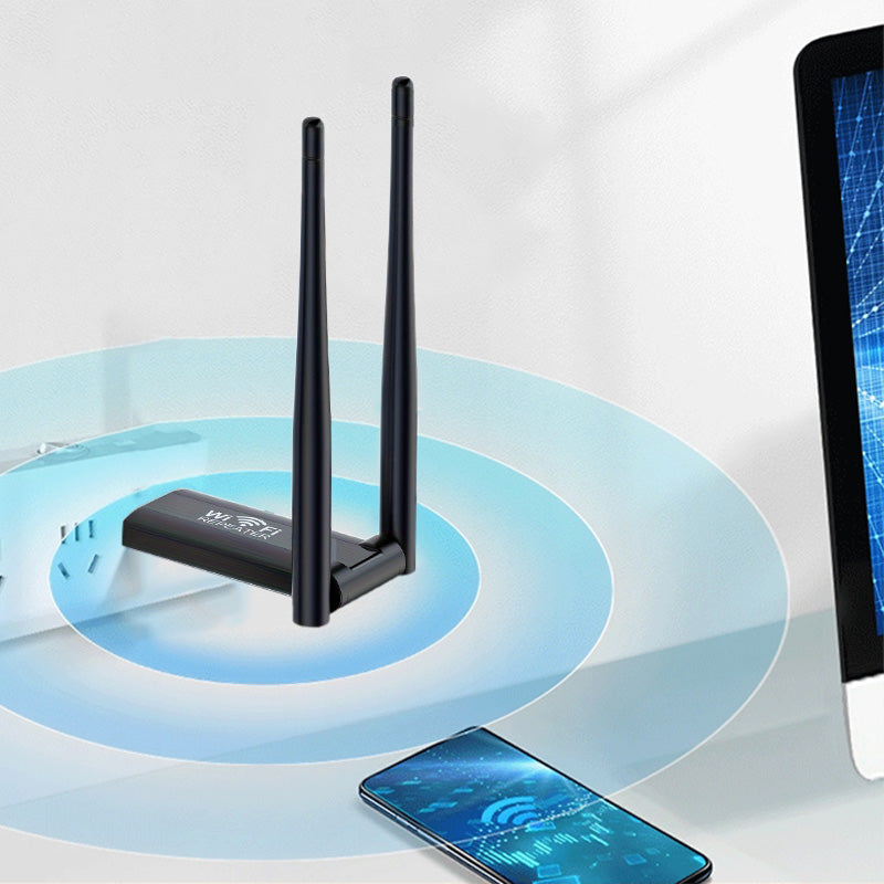 Compact USB Wi-Fi repeater shown near a smartphone and desktop computer.