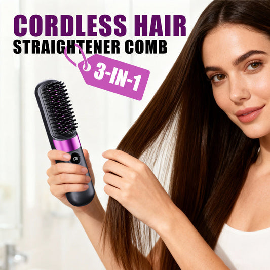 ⏳⏰Last 4 hours Sale💇‍♀️3-in-1 Cordless Hair Straightener Comb – USB rechargeable, adjustable temperature, anti-scald teeth, portable travel design. Women daily hair styling essential!