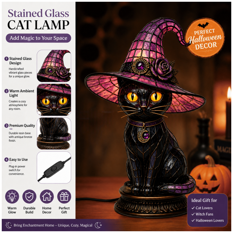 💥 50% Off! 🔥Gothic Halloween Witch and Cat Table Lamp