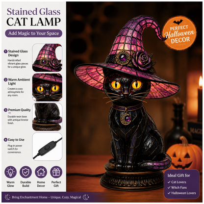 💥 50% Off! 🔥Gothic Halloween Witch and Cat Table Lamp