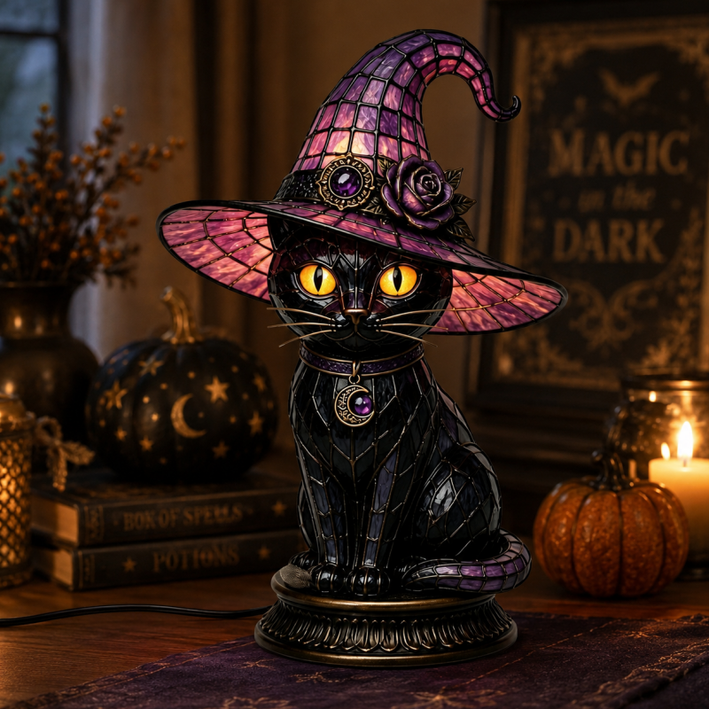 💥 50% Off! 🔥Gothic Halloween Witch and Cat Table Lamp