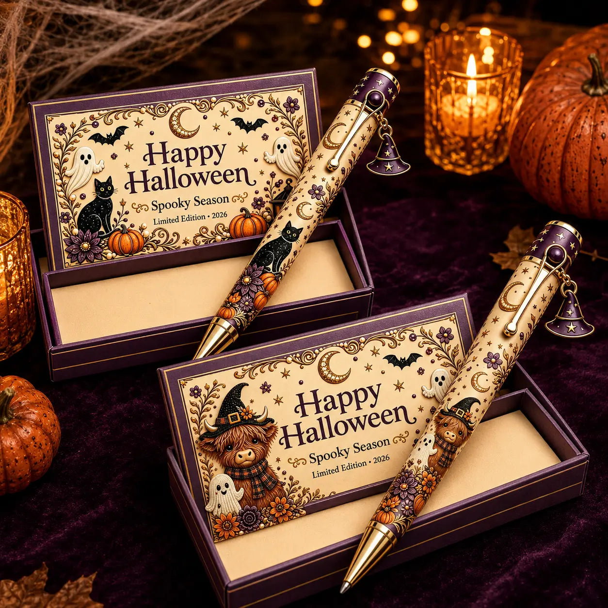 Black Cat and Highland Cow Halloween keepsake pen gift sets