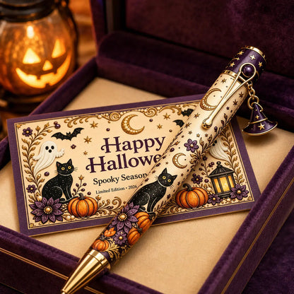 Black Cat Halloween keepsake pen in purple presentation box
