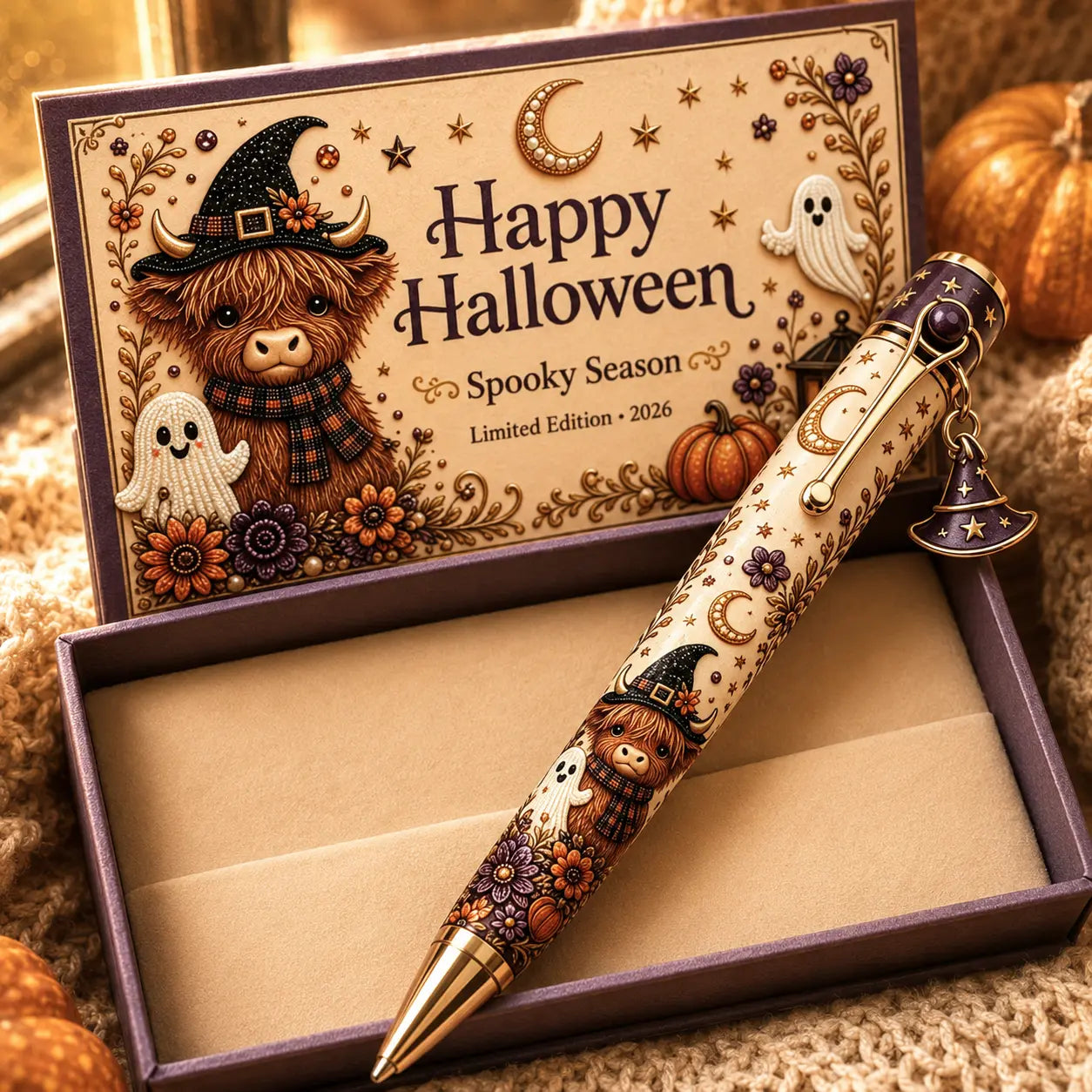 Highland Cow Witch Halloween keepsake pen in purple presentation box