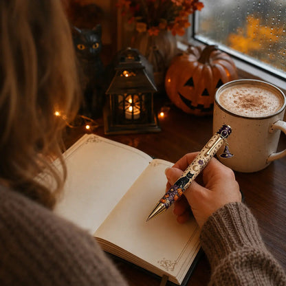 Black Cat Halloween pen used for cozy autumn journaling